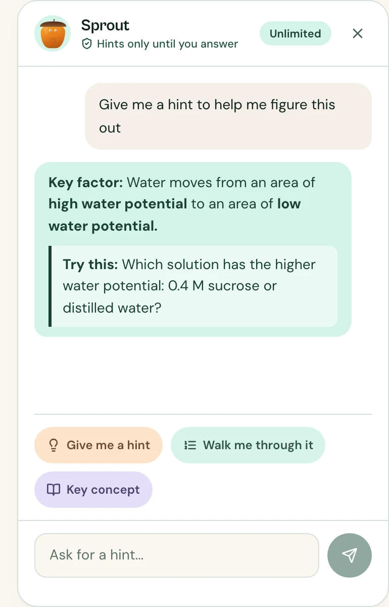 Sprout, the AcornPrep tutor, giving a short hint about water potential with a guiding question, and quick actions for a hint, a walkthrough or the key concept.